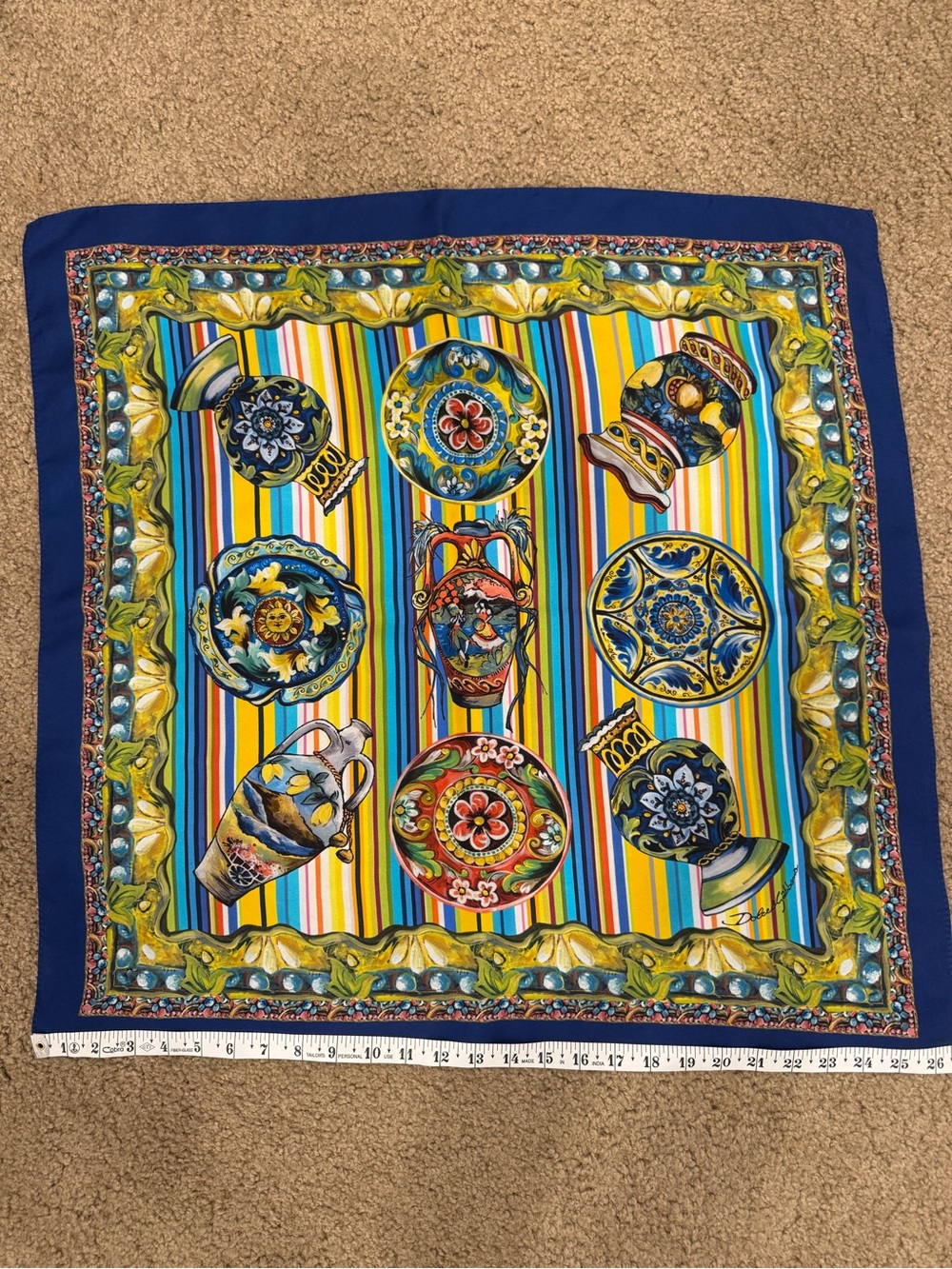 Dolce & Gabbana Majolica Pottery Print Silk Scarf 26x26 Made in Italy luxury